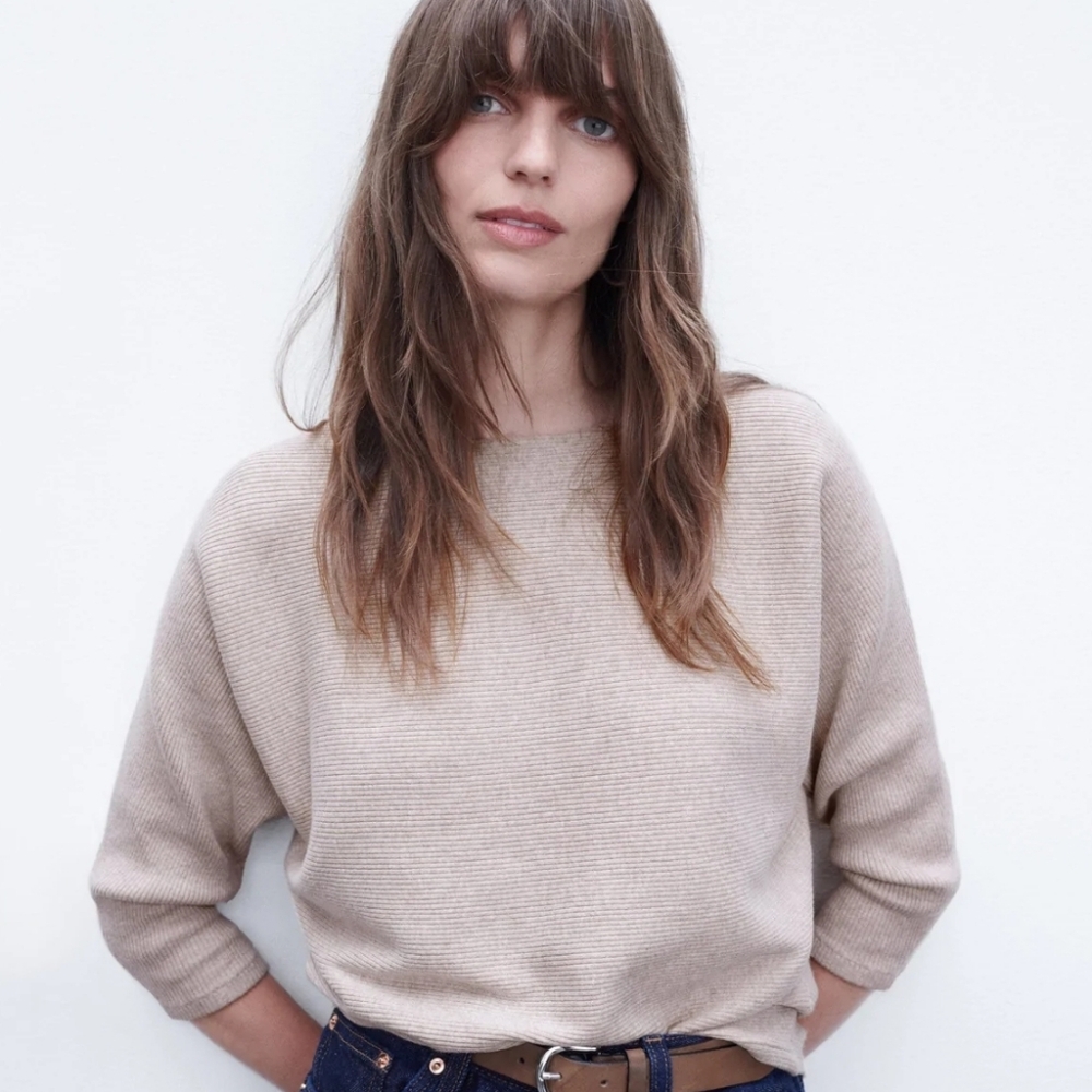 R Label The Reset Beige Ribbed Dolman Short Sleeve Pullover - Natural L/XL